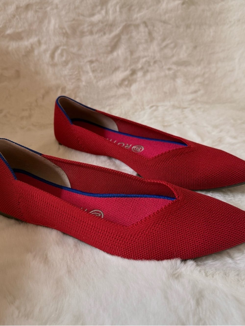 Rothy's Red Pointed Knit Flats with Blue Trim - Picture 4 of 10